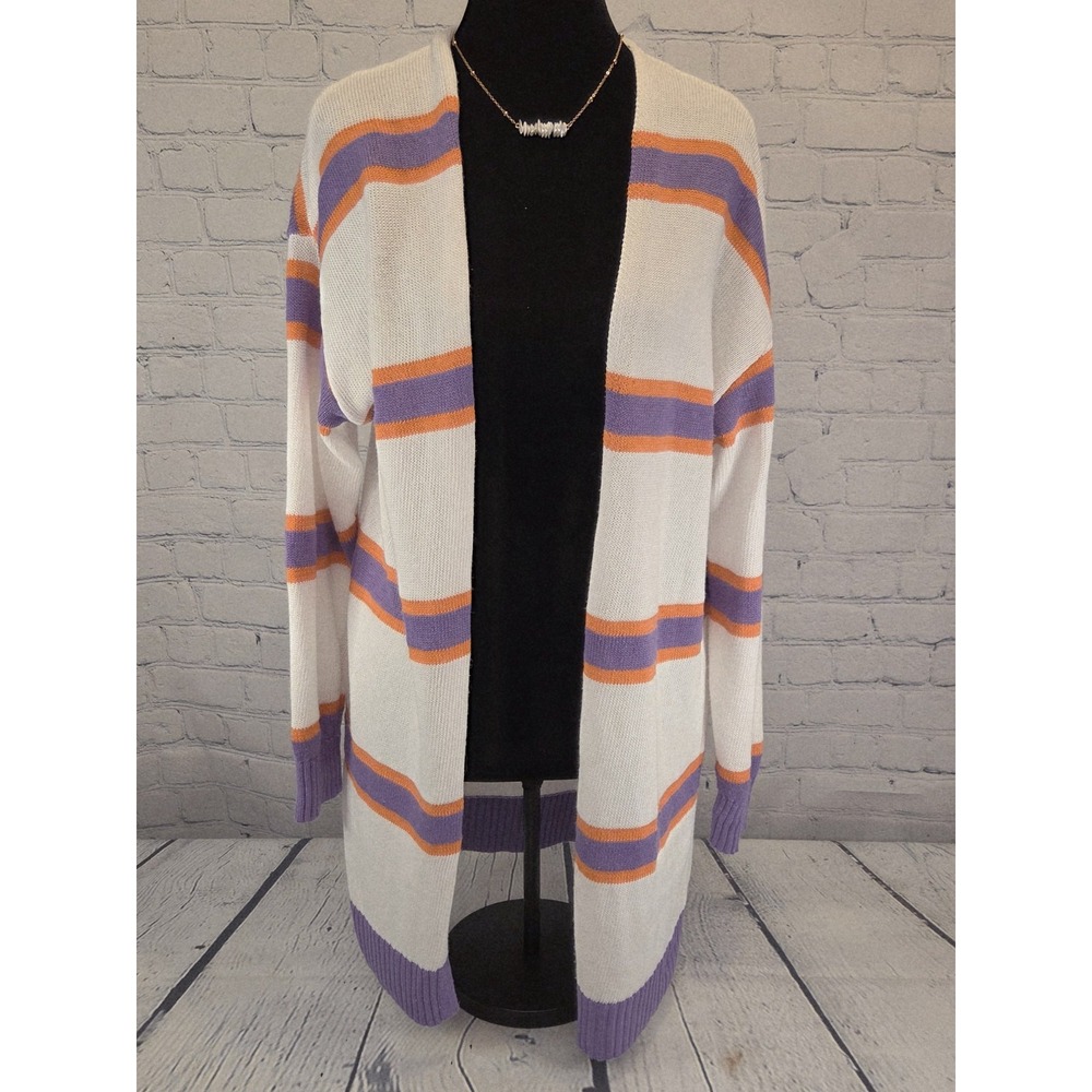 Cardigan Sz S White with Purple/Orange Stripes (see photos of small‎ pull) - Picture 2 of 7